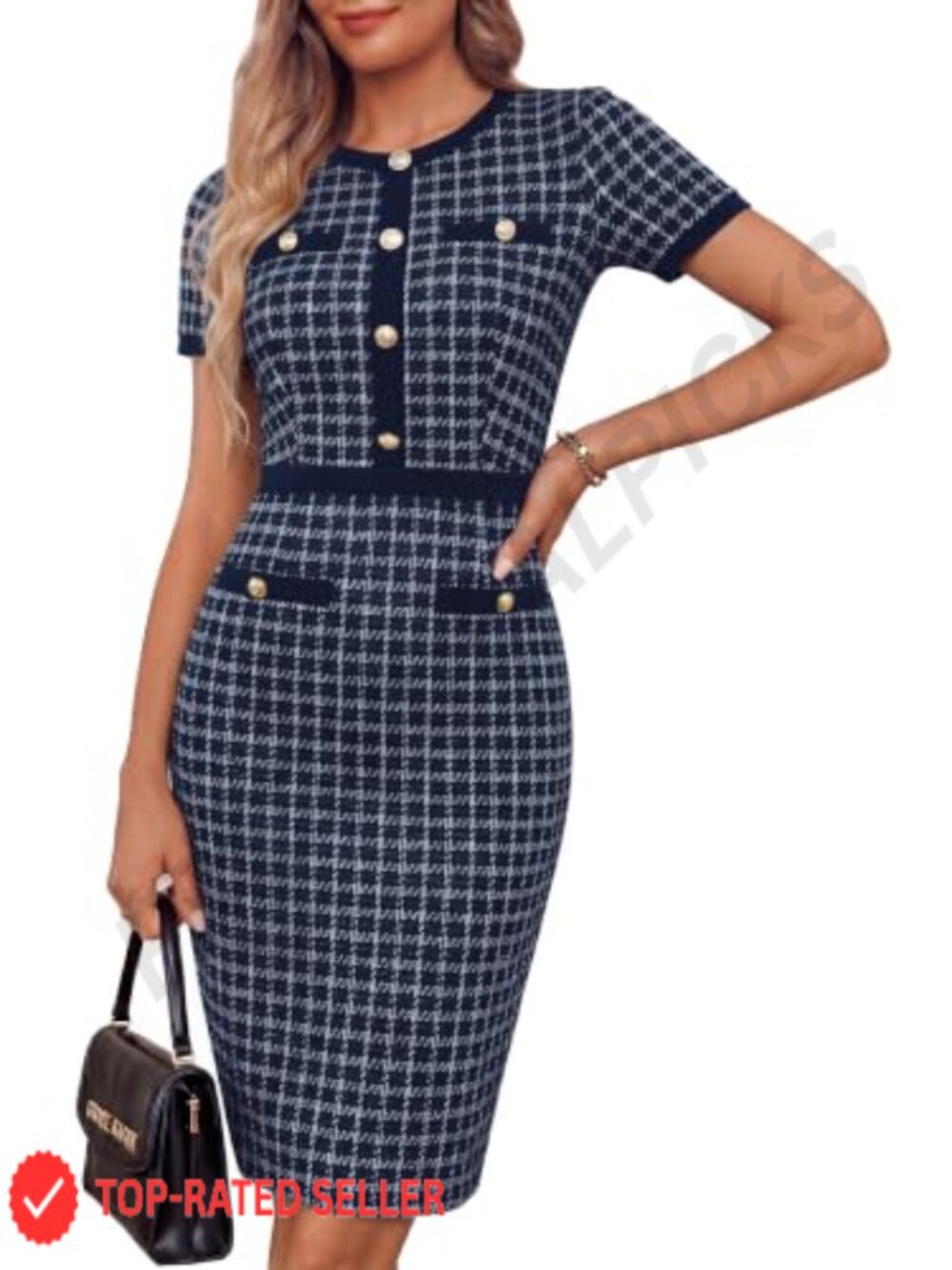 Women Business Bodycon Tweed Dress Short Sleeve Crew Neck
